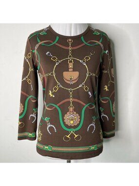 J. McLaughlin Signature Catalina Cloth Top Brown Equestrian Fairfax Crest Print